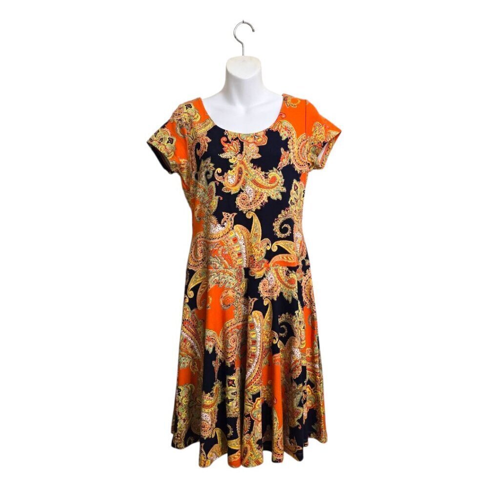 Lauren Ralph Lauren Orange & Navy Paisley A-Line Fit & Flare Dress Sz PM